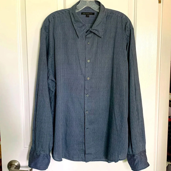 EUC MENS JOHN VARVATOS NAVY WITH WHITE STRIPES COTTON SHIRT SIZE XL SEE NOTES - Picture 1 of 8